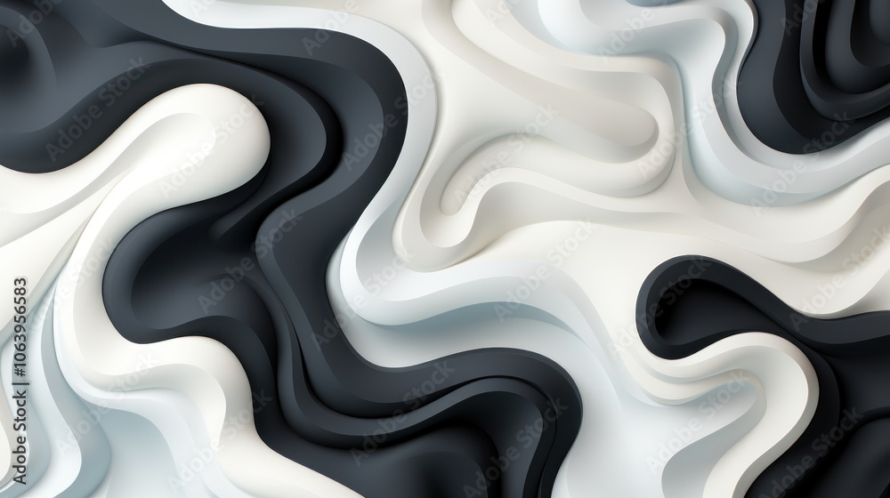 Abstract wavy pattern in black, white, and gray, showcasing fluid shapes and textures.