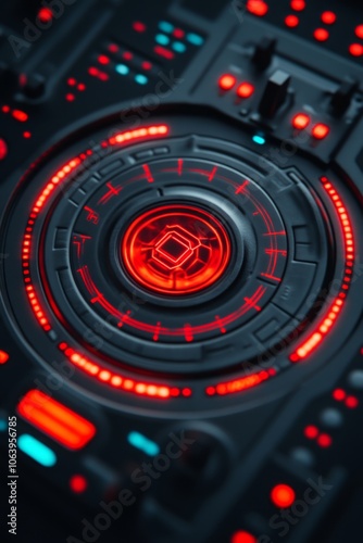 Close-up of a futuristic red and black control panel with glowing buttons and a central dial.