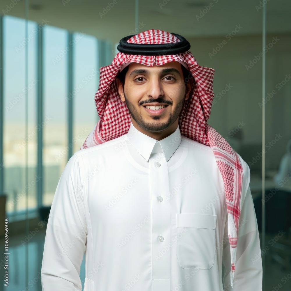 Smiling middle eastern Saudi businessman in modern office Smiling middle eastern Saudi businessman in modern office