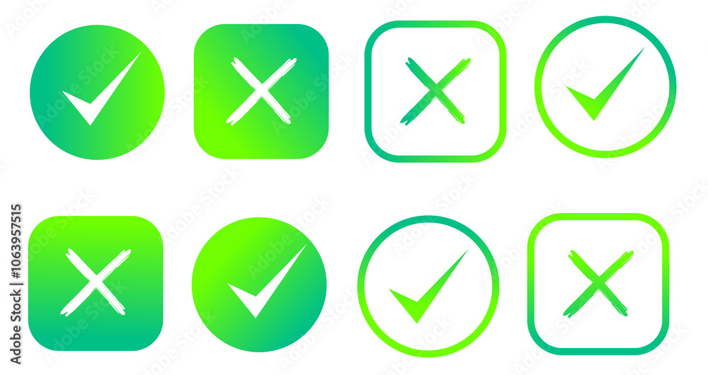Icons with ticks and crosses. Gradient colors of circles and rectangles. The Icons with ticks and crosses. Gradient colors of circles and rectangles. The