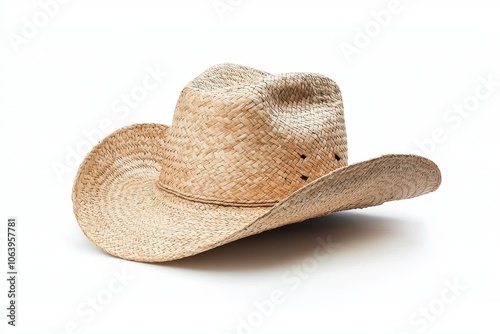 The concept of rodeo horse riding, wild west culture, Americana and American country music with an isolated brown leather cowboy hat and strings isolated on white