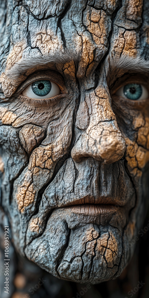 A photograph where a person's face transitions into the texture of wood. Smooth lines and the bark of the tree seamlessly form the features of the face, creating an effect of unity between the person A photograph where a person's face transitions into the texture of wood. Smooth lines and the bark of the tree seamlessly form the features of the face, creating an effect of unity between the person