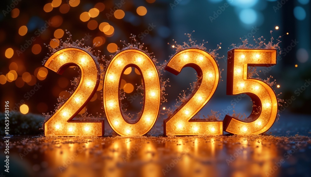Vibrant New Year celebration scene with golden lights semi-circle arrangement. Warm glow from yellow lights. Dark background with blue lights contrasting. Indistinct objects. Golden lights center Vibrant New Year celebration scene with golden lights semi-circle arrangement. Warm glow from yellow lights. Dark background with blue lights contrasting. Indistinct objects. Golden lights center
