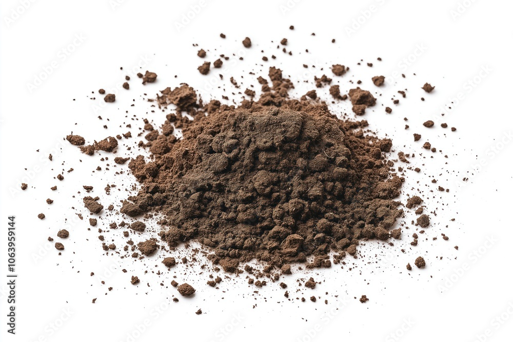 Small pile of dark brown soil scattered across light gray background. Soil texture and composition visible. Close-up view from slightly elevated angle. Small pile of dark brown soil scattered across light gray background. Soil texture and composition visible. Close-up view from slightly elevated angle.