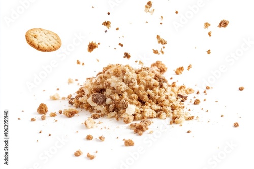 Golden brown biscuit crumb falls on white background. Crumbly texture, single piece, scattered across surface. Biscuit tilted to right, dynamic composition. photo