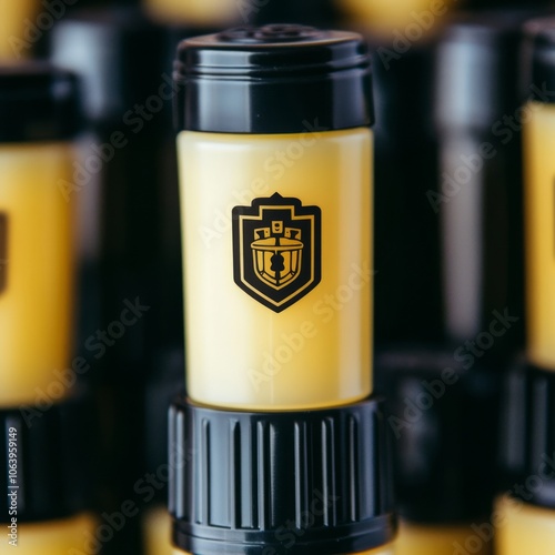 Close-up of a yellow bottle with black cap and logo.