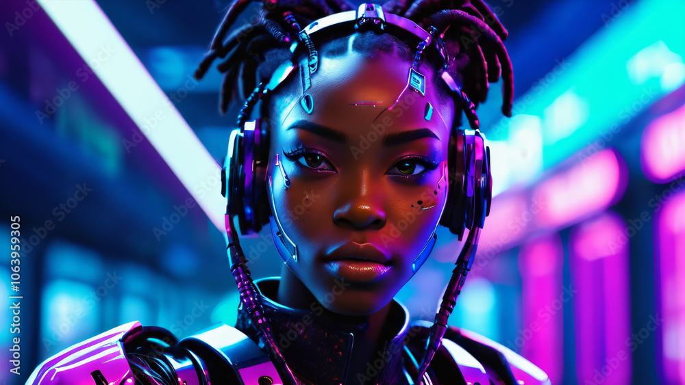 Black Beauty, Neonpunk style, Cinematic Photo of a beautiful black African woman cyborg, cyberpunk, cyberware, cyber implants, vaporwave, afro futuristic beauty, Afrocentric, science fiction Black Beauty, Neonpunk style, Cinematic Photo of a beautiful black African woman cyborg, cyberpunk, cyberware, cyber implants, vaporwave, afro futuristic beauty, Afrocentric, science fiction