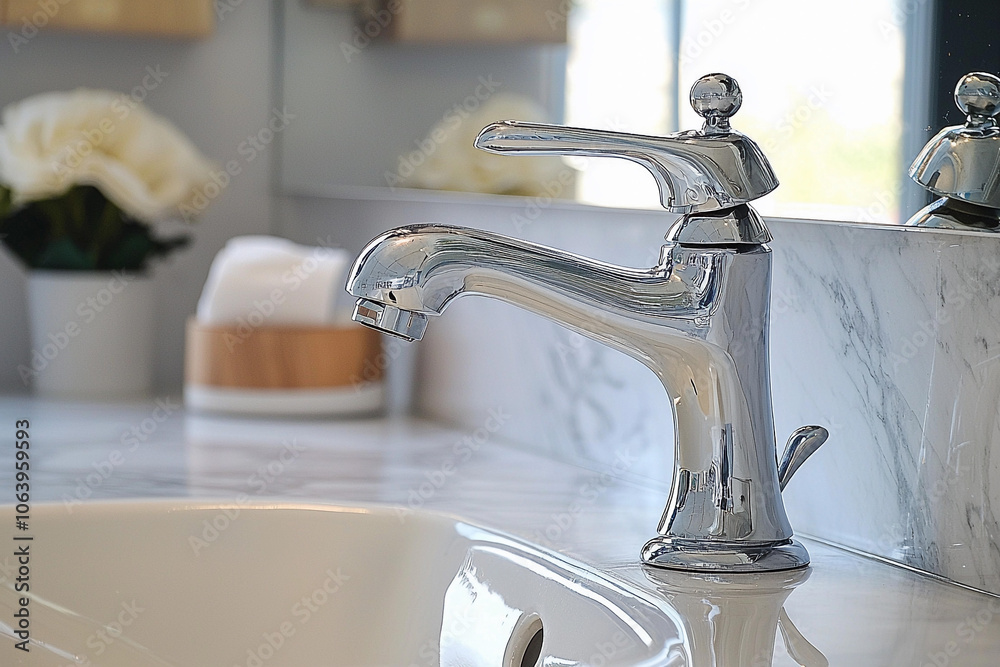 Elegant chrome faucet in modern bathroom with marble countertop Elegant chrome faucet in modern bathroom with marble countertop