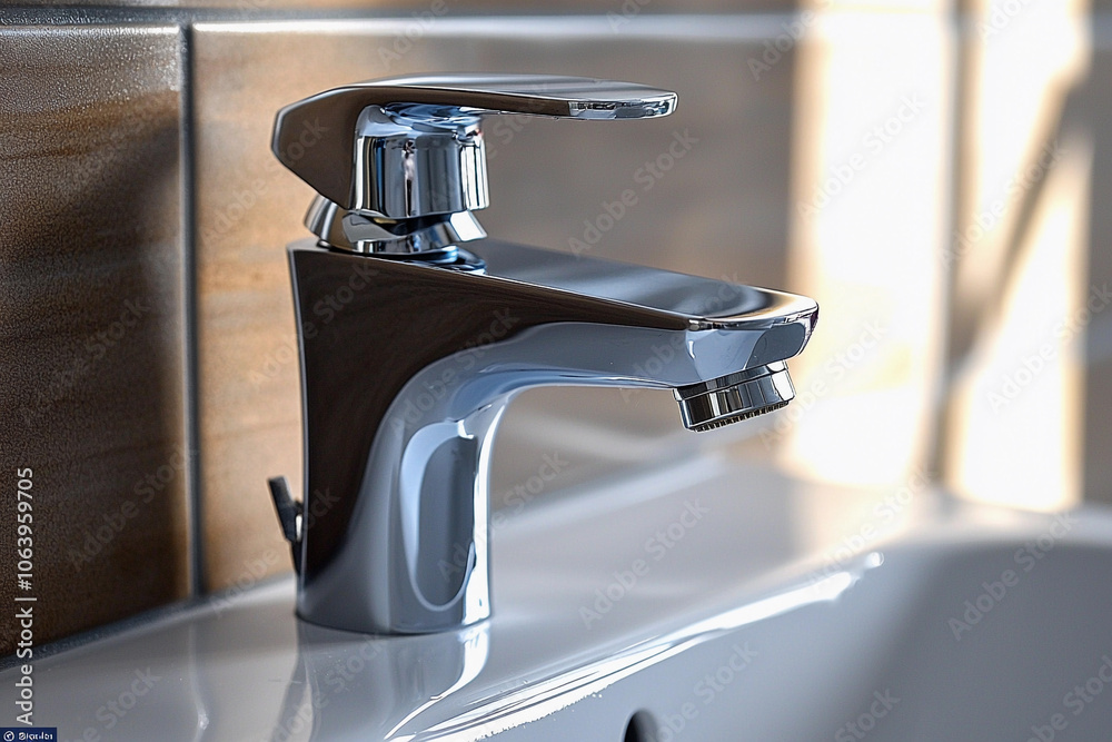 Modern chrome faucet at a clean bathroom sink in morning light Modern chrome faucet at a clean bathroom sink in morning light