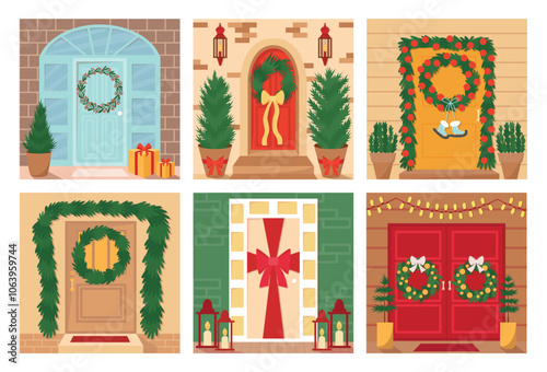 Front doors with Christmas decor flat vector greeting cards set. Christmas facade with wreath and fir tree decoration set