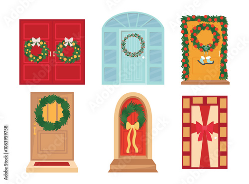 Christmas front doors with wreath and bow vector set