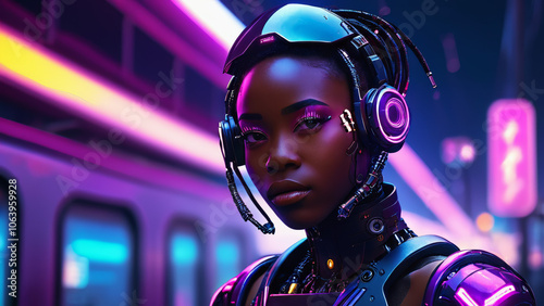 Black Beauty, Neonpunk style, Cinematic Photo of a beautiful black African woman cyborg, cyberpunk, cyberware, cyber implants, vaporwave, afro futuristic beauty, Afrocentric, science fiction photo