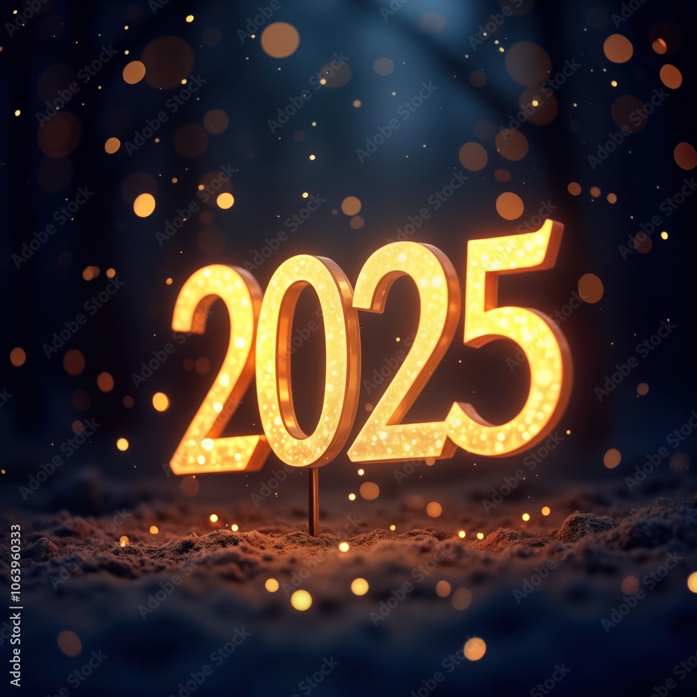 Golden New Year celebration with large glowing number 2, surrounded by smaller numbers, letters. Dark background with white dots, lines adding depth, texture. Predominantly blue color scheme with