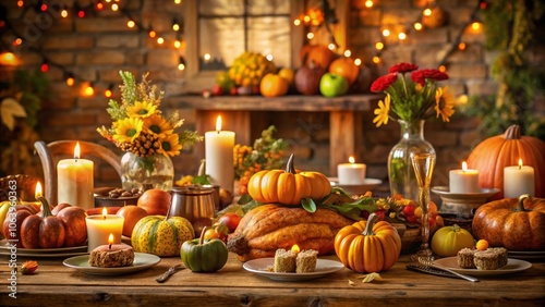 Thanksgiving Day Thanksgiving table decor warm food pumpkin pie roasted turkey cozy vibes seasonal joy giving thanks shared laughter