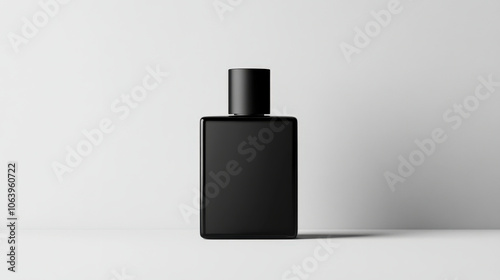 sleek, minimal black perfume bottle on clean surface, exuding elegance and sophistication. Perfect for modern aesthetics and luxury branding