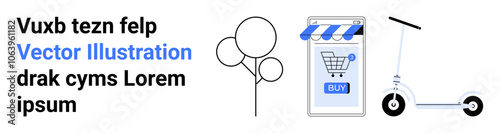 Mobile shopping app with a Buy button, tree outline, and electric scooter suggesting digital commerce, urban lifestyle, and eco-friendly transport. Ideal for tech blogs, e-commerce sites, urban