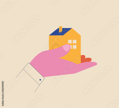 Hand with residential house for you. Real estate sticker, mortgage or home loan isolated icon. Housing for rent. Buy or sell building. House and property investment. Vector illustration