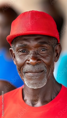 Close-up portrait of a smiling African man wearing a red cap.