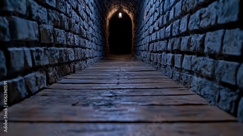 The stone walls, floor, and steps leading to the wooden door of a medieval castle or inn are rendered in 3D.
