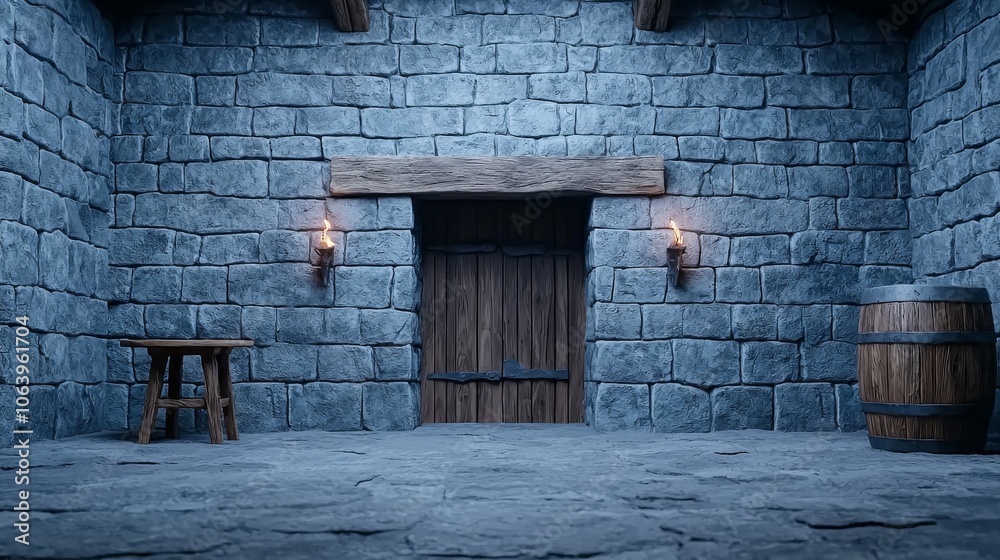 Fototapeta premium This 3D rendering shows a medieval tavern bar with a large fireplace burning and a cooking pot.