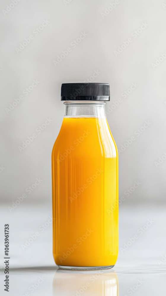 Fresh orange juice in clear glass bottle with black cap, showcasing its vibrant yellow color. Perfect for healthy lifestyle and refreshing drinks Fresh orange juice in clear glass bottle with black cap, showcasing its vibrant yellow color. Perfect for healthy lifestyle and refreshing drinks