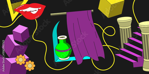 Collage with various randomly placed psychedelic objects. Fantasy background. Version 2. Vector illustration