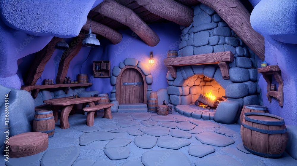 Obraz premium Dark moody medieval inn interior with food on tables, an open fireplace, candles, and daylight from a window. 3D model.