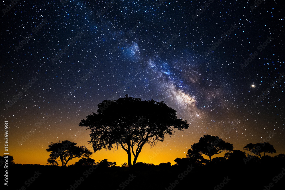 Fototapeta premium Starlit night sky over silhouette of trees in a tranquil landscape