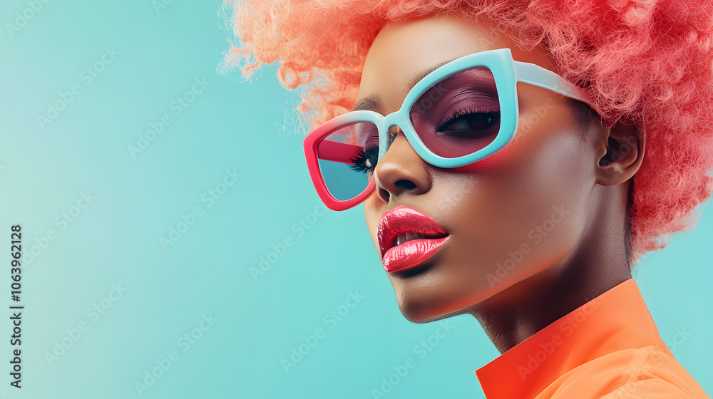 Beautiful African girl with neon bright color hair and glasses fashion shot Beautiful African girl with neon bright color hair and glasses fashion shot