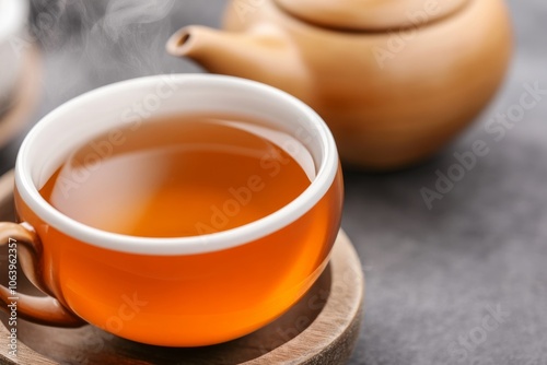 Closeup of a steaming cup of tea with a teapot in the background.