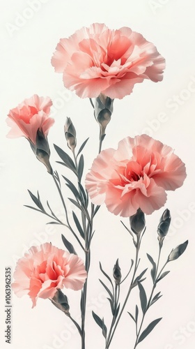 Pink carnations with lush green leaves on a soft background