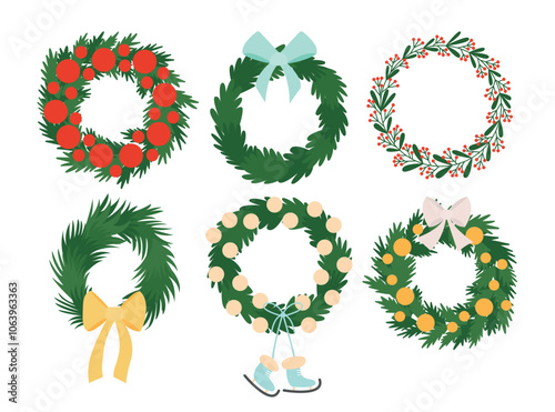 Flat wreath set with Christmas decor. Vector set of Christmas tree wreath