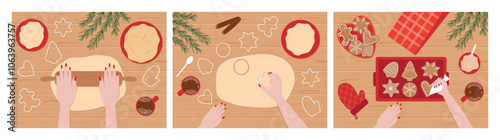 Set of process of making homemade gingerbread cookies on wooden table top view. Woman rolls out cookie dough and decoration with sugar glaze. Vector flat illustration