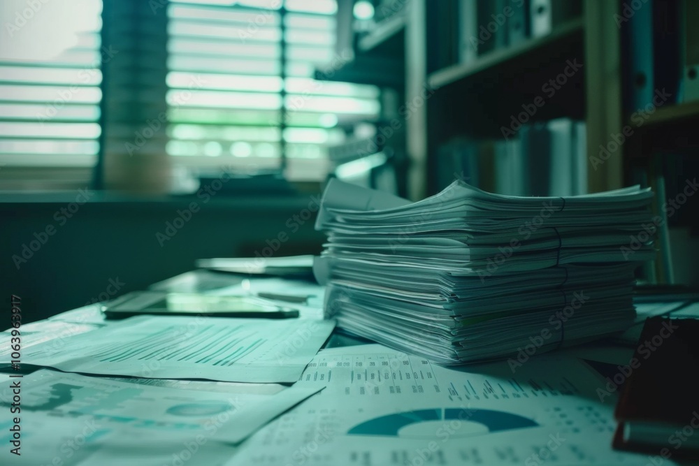 Collection of business analytics charts and graphs stacked on each other on paper on desk in office Collection of business analytics charts and graphs stacked on each other on paper on desk in office