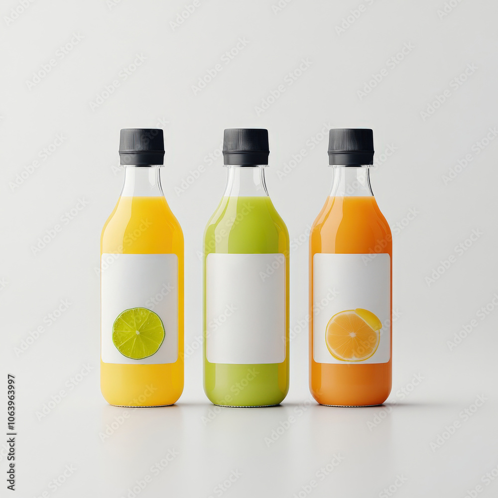 Freshly squeezed juice bottles in vibrant colors, featuring lemon, lime, and orange flavors. minimalist design highlights natural appeal of beverages Freshly squeezed juice bottles in vibrant colors, featuring lemon, lime, and orange flavors. minimalist design highlights natural appeal of beverages