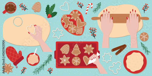 Gingerbread cookies making set. Flat vector set of hands rolling out dough and decorating cookies with sugar glaze