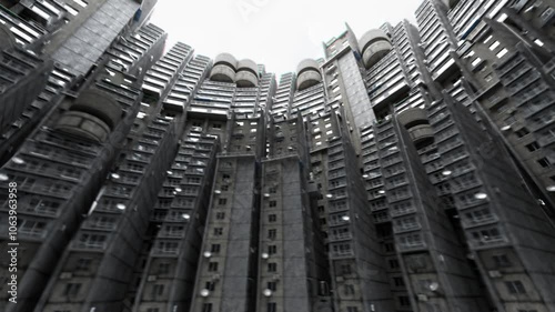 Surreal Tilt-Shift Perspective of a Dense Brutalist Urban Complex with Repetitive Concrete Structures, 3D vj loop of High-Rise Buildings in a Retro-Futuristic Dystopian Atmosphere