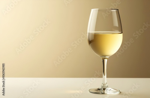 White wine in an elegant glass on a light background. There is space for text on the left.