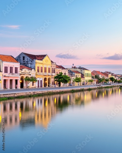 Colorful houses line a canal at sunset with reflections in the water.