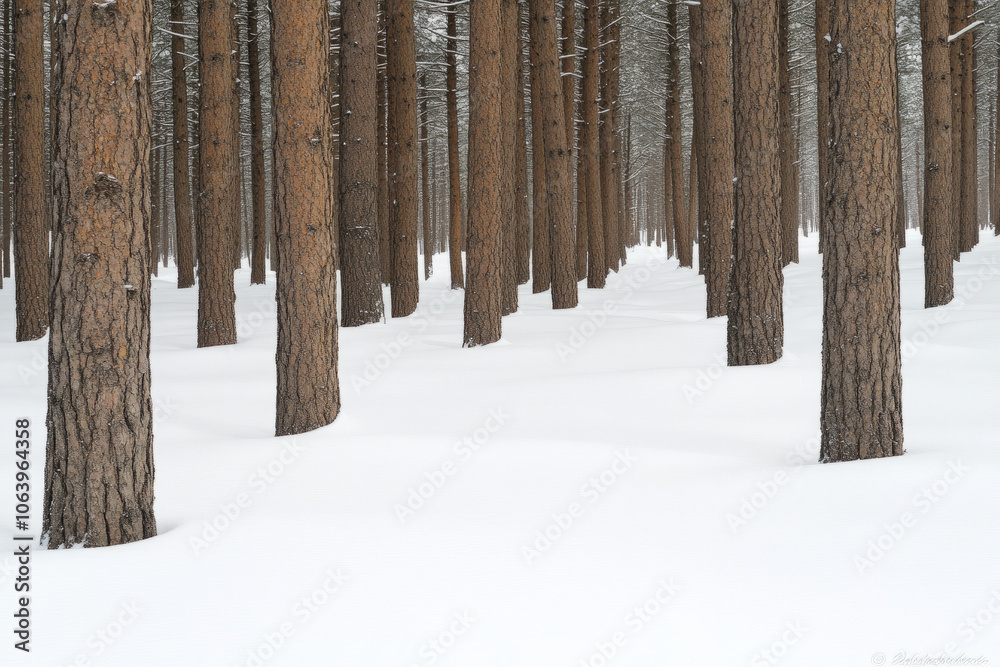 A snow covered forest with trees that are bare and have no leaves A snow covered forest with trees that are bare and have no leaves