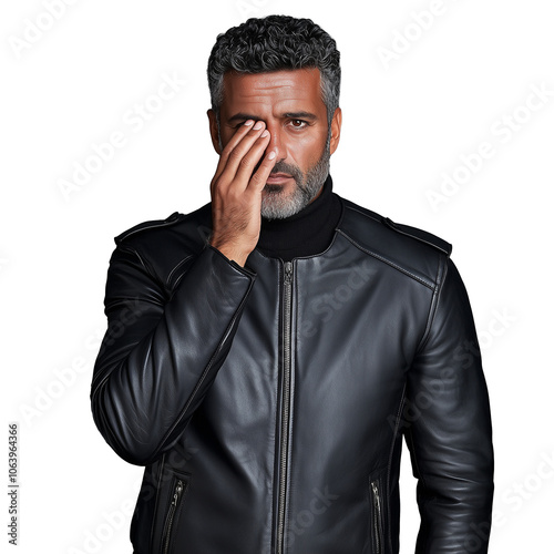 Man in black leather jacket with hand over one eye, expressing mystery and confidence, isolated on a transparent background, symbolizing intrigue and style.