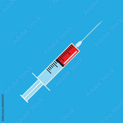 A simple illustration of a medical syringe with red filling and gradation marks on a blue background.