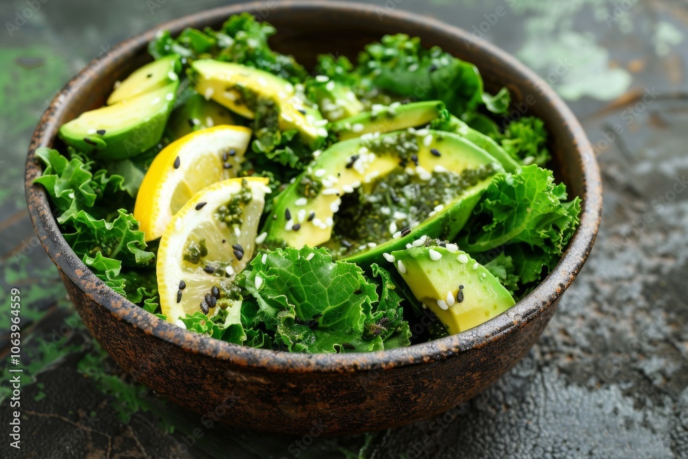 Kale and avocado salad with lemon tahini dressing in a bowl Kale and avocado salad with lemon tahini dressing in a bowl