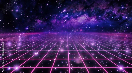 retro 80s sci-fi neon grid horizon with galaxy landscape backdrop
