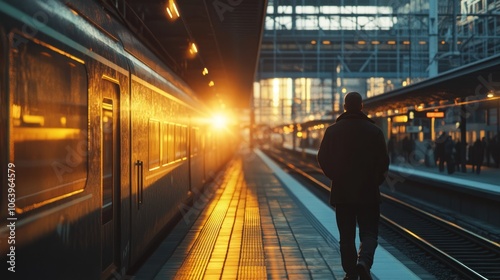 A man steps onto a train at dawn in a busy city station, bathed in soft morning light, symbolizing the start of a new journey.