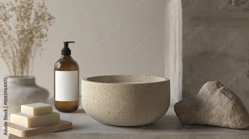 serene bathroom scene featuring textured bowl, organic soap bars, and glass bottle, evoking sense of calm and natural beauty serene bathroom scene featuring textured bowl, organic soap bars, and glass bottle, evoking sense of calm and natural beauty