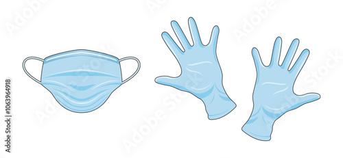 Illustration of a blue medical mask and disposable gloves on a white background.