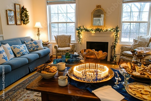 Hanukkah Party Setup: A festive scene of a living room set up for a Hanukkah party, with decorations in blue and white, a table filled with traditional foods, and a menorah ready to be lit photo