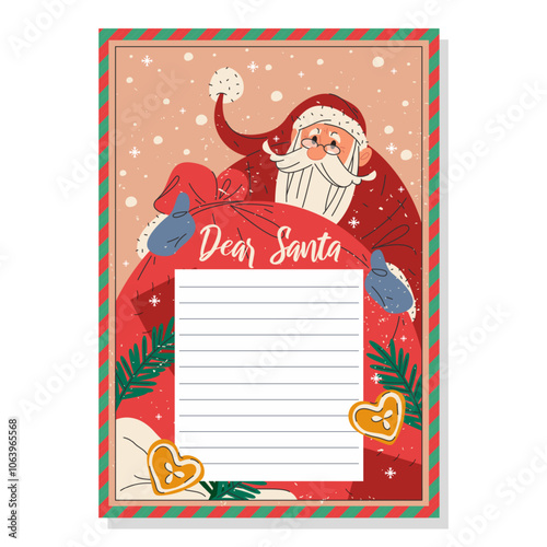 Santa Claus letter design. Vector empty template. Blank paper or sheet for kids wishlist. Cartoon document or card with Santa character and bag of gifts. Making Christmas wishes on New Year holidays.