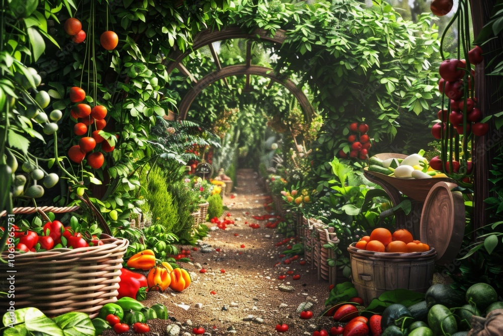 Organic garden with fresh vegetables and fruits Organic garden with fresh vegetables and fruits